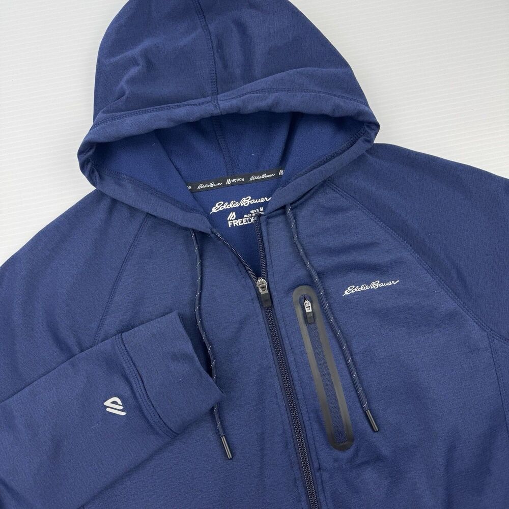 Eddie Bauer Full Zip Hoodie Mens M Navy FreeDry Motion Fleece Jacket - Picture 5 of 9